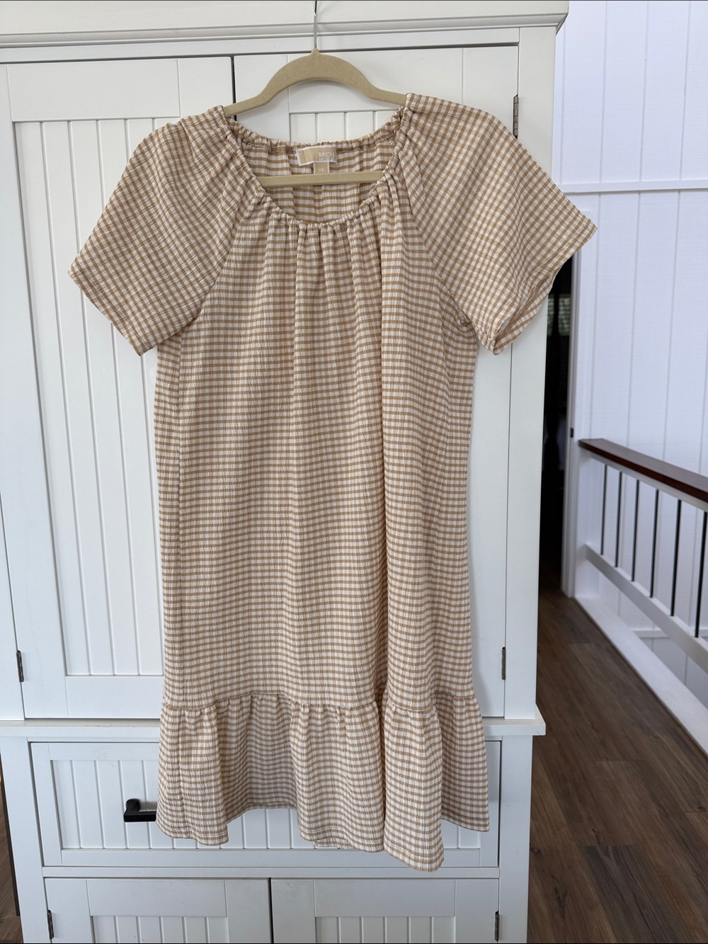 Michael Kors Tan and White Gingham Casual Dress